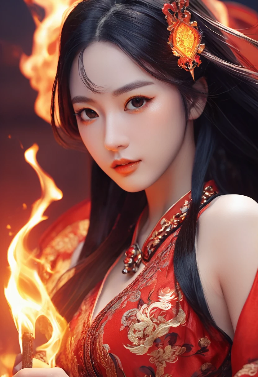 4K anime style quality, digital drawing mode, culture-themed anime female character, long black hair with fiery red highlights, intense amber eyes, wearing a traditional dance outfit adorned with fire symbols, holding flaming torches, Blur the background to create a three-dimensional effect, atmosphere, dancing at the Festival of Flames to invoke power, radiant skin, flowing hair, glossy lips, passionate eyes, full body, dynamic pose, life size, perfect anatomy, detailed skin texture, full HD, 4K, HDR, perfect anatomy, depth of field.