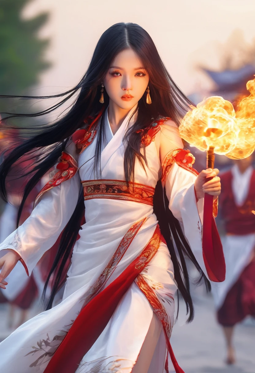 4K anime style quality, digital drawing mode, culture-themed anime female character, long black hair with fiery red highlights, intense amber eyes, wearing a traditional dance outfit adorned with fire symbols, holding flaming torches, Blur the background to create a three-dimensional effect, atmosphere, dancing at the Festival of Flames to invoke power, radiant skin, flowing hair, glossy lips, passionate eyes, full body, dynamic pose, life size, perfect anatomy, detailed skin texture, full HD, 4K, HDR, perfect anatomy, depth of field.