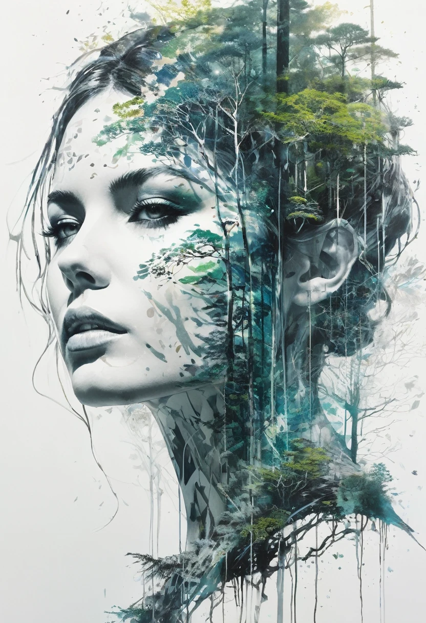 Double exposure, solid white background, mysterious silhouette of a forest woman, by Minjae Lee, Carne Griffiths, Emily Kell, Geoffroy Thoorens, Aaron Horkey, Jordan Grimmer, Greg Rutkowski, incredible depth, Masterpiece artwork, surreal, geometric patterns, intrincately detailed, bokeh, perfect balanced, thin, deep edges, artistic photorealism , Soft, great Masterpiece artwork by head of prompt engineering