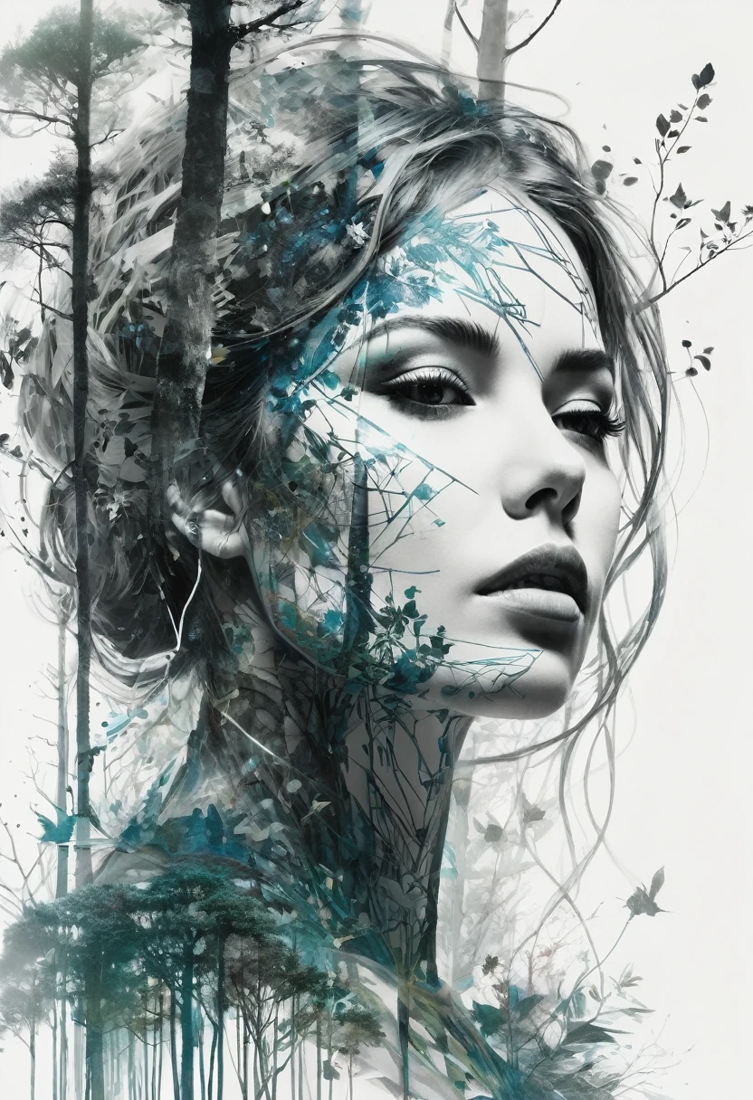Double exposure, solid white background, mysterious silhouette of a forest woman, by Minjae Lee, Carne Griffiths, Emily Kell, Geoffroy Thoorens, Aaron Horkey, Jordan Grimmer, Greg Rutkowski, incredible depth, Masterpiece artwork, surreal, geometric patterns, intrincately detailed, bokeh, perfect balanced, thin, deep edges, artistic photorealism , Soft, great Masterpiece artwork by head of prompt engineering 