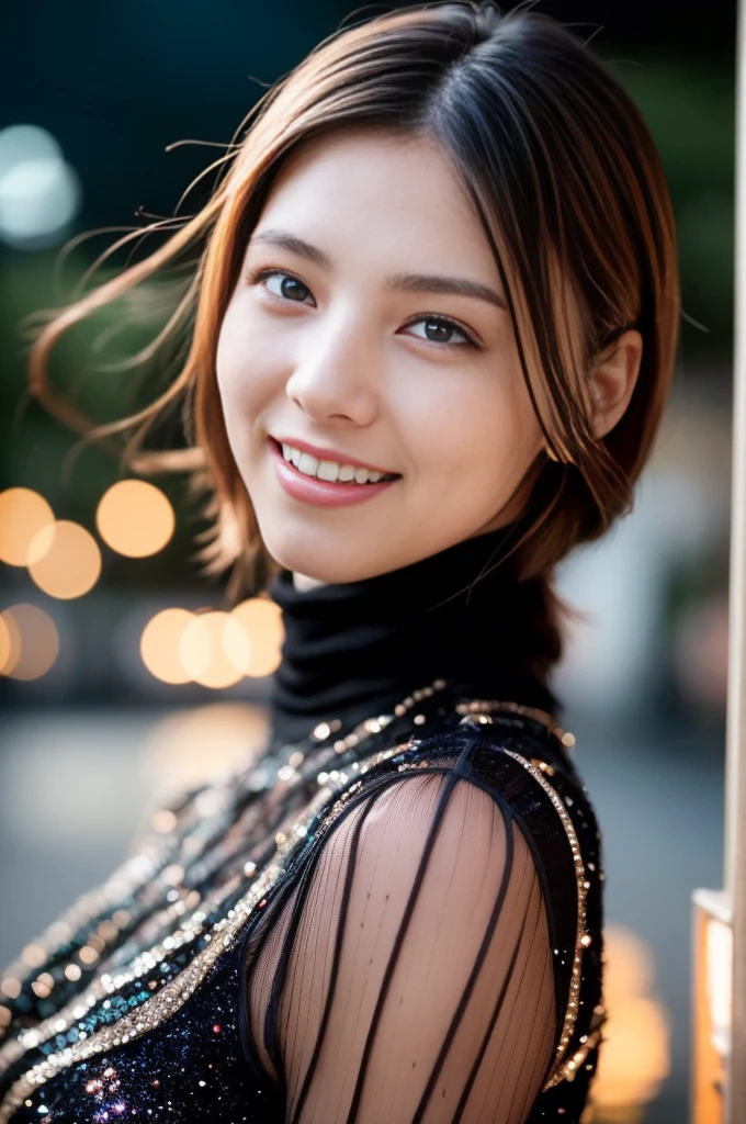 1girl,(wearing a glittery turtleneck dress:1.2),(RAW photo, best quality), (realistic, photo-realistic:1.4), masterpiece, an extremely delicate and beautiful, extremely detailed, 2k wallpaper, Amazing, finely detail, extremely detailed CG unity 8k wallpaper, ultra-detailed, highres, soft light, beautiful detailed girl, extremely detailed eyes and face, beautiful detailed nose, beautiful detailed eyes,cinematic lighting,city lights at night,perfect anatomy,slender body,smiling