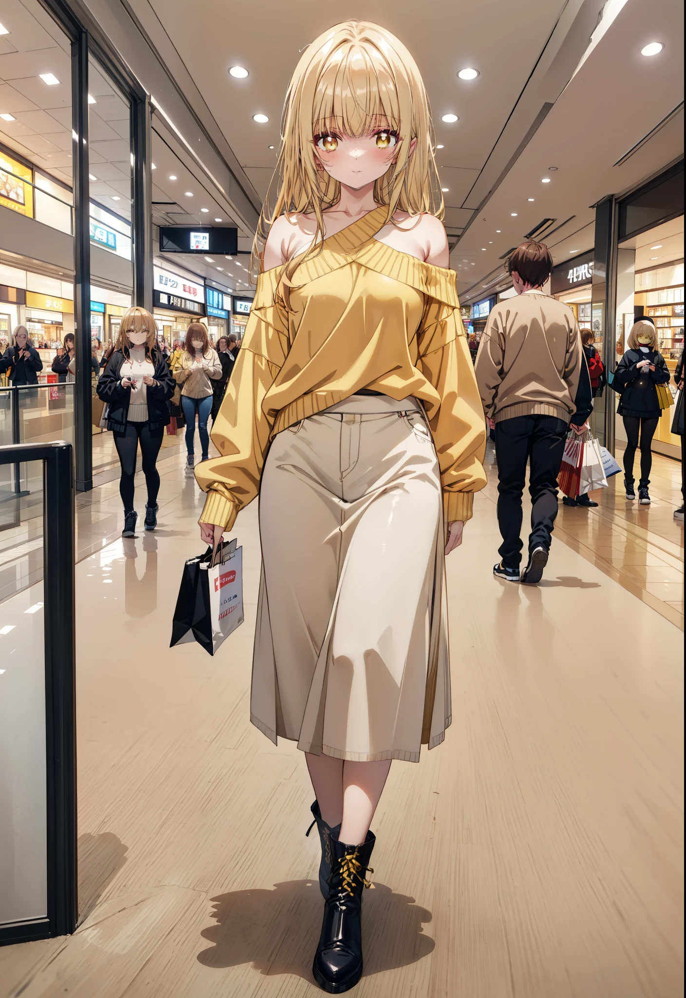 mahirushiina, mahiru shiina, Long Hair, bangs, Blonde, Brown Hair, (Yellow Eyes:1.3), smile,One-shoulder sweater,Long skirt,Black pantyhose,short boots,Walking,whole bodyがイラストに入るように,
break indoors, Shopping mall,
break looking at viewer, whole body,
break (masterpiece:1.2), Highest quality, High resolution, unity 8k wallpaper, (figure:0.8), (Beautiful attention to detail:1.6), Highly detailed face, Perfect lighting, Highly detailed CG, (Perfect hands, Perfect Anatomy),