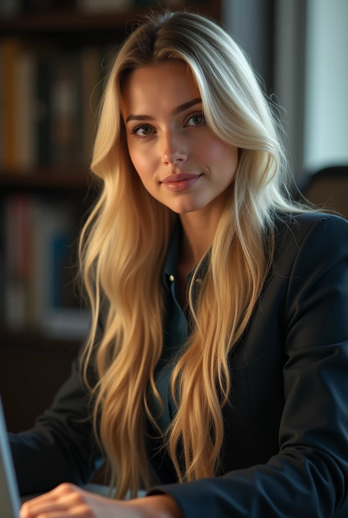 a beautiful girl with long blonde hair, detailed eyes, nose, and lips, wearing professional attire, sitting in his office, using your computer, hp computer (Best Quality,4k,8k,High resolution,masterpiece:1.2),ultra detailed,(realist,photorealist,photo-realist:1.37),HdR,studio lighting,extremely detailed face and body., portrait,cinematic lighting,dramatic lighting,warm color tones,dramatic colors