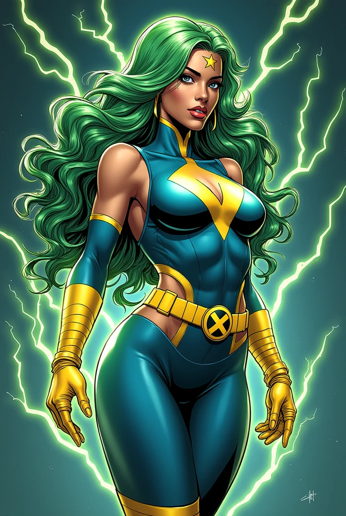 Lorna Dane, polaris x-men, (busty and voluptuous body), (arms naked:1.3), (green thick wavy long hair:1.4), (huge breast:1.6), wearing a blue costume big yellow in the chest and stomach, with yellow xmen belt, yellow glowes, (screenshot of a beat em up videogame), (she's surrounded by a green energy:1.5), (comic style:1.4) 