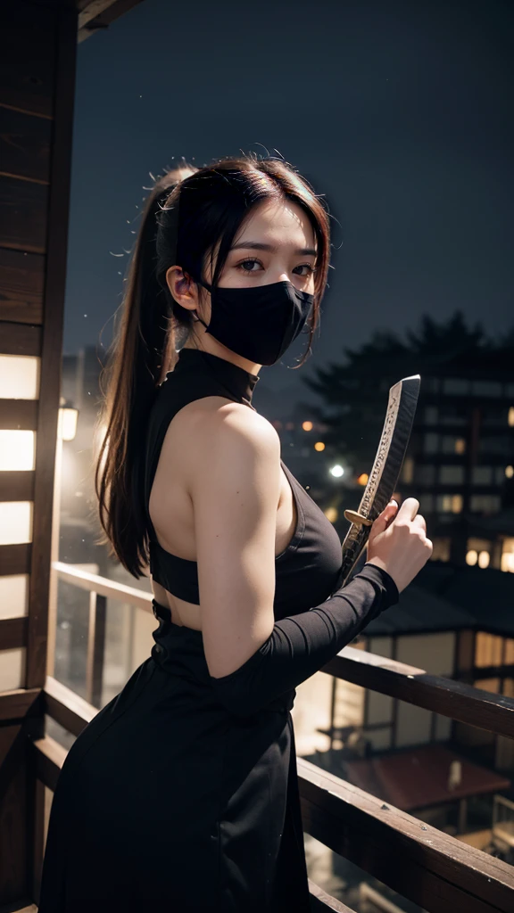 (high quality, 8k, 4k, high contrast, masterpiece:1.2, best quality, best aesthetics), (dynamic angle), Full-body portrait of a sexy female ninja, Masterpiece, (realistic 8k, photorealistic: 1.37), detailed realistic, detailed face and body, plump body, professional art, perfect detailed, confident look, (black hair, ponytail), tight-fitting ninja outfit, mouth covered with a mask, holding a kunai in a traditional ninja style, katana sheathed on her back, composition from a medium to long shot, dynamic pose, standing in a ready-to-strike position, on a traditional Japanese rooftop at night, with a dark, moody atmosphere, dutch angle.