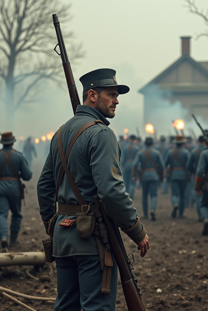 Generate me an image of a Confederate soldier fighting a horde of Union soldiers during the Civil War.