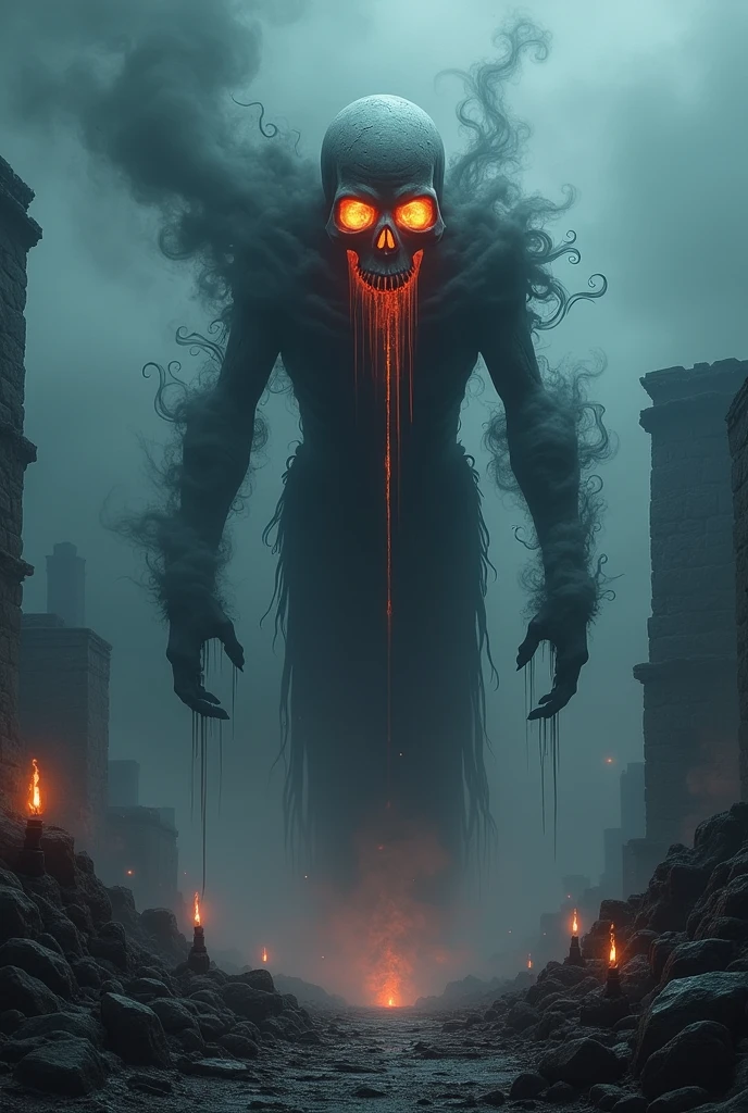 smoke, dead skull, curls, twists, dances, fire coming from the eyes, unmistakable silhouette, dark ghost, eerie transformation, beautiful detailed intricate, insanely detailed, photorealistic, soft natural volumetric cinematic perfect light, haunting vapors, ethereal, macabre spectacle, ### **Shadow Sentinel**
**Medium Construct, Unaligned**
An ancient guardian bound to protect sacred or powerful artifacts. These beings are often created through powerful necromancy or ancient rituals and are designed to guard specific locations or objects of significant magical importance.
**Key Points:**
- **Nature and Origin:** Shadow Sentinels are not fully alive but are instead constructs of shadow and magic. They often have a mix of humanoid and otherworldly features.
- **Abilities:** They are skilled in stealth and can blend into shadows, making them difficult to detect. They may possess abilities related to shadow manipulation, including summoning shadowy allies or casting darkness.
- **Weaknesses:** While resilient, they can be vulnerable to light and magic that disrupts shadows. They might also be susceptible to divine or radiant energy.