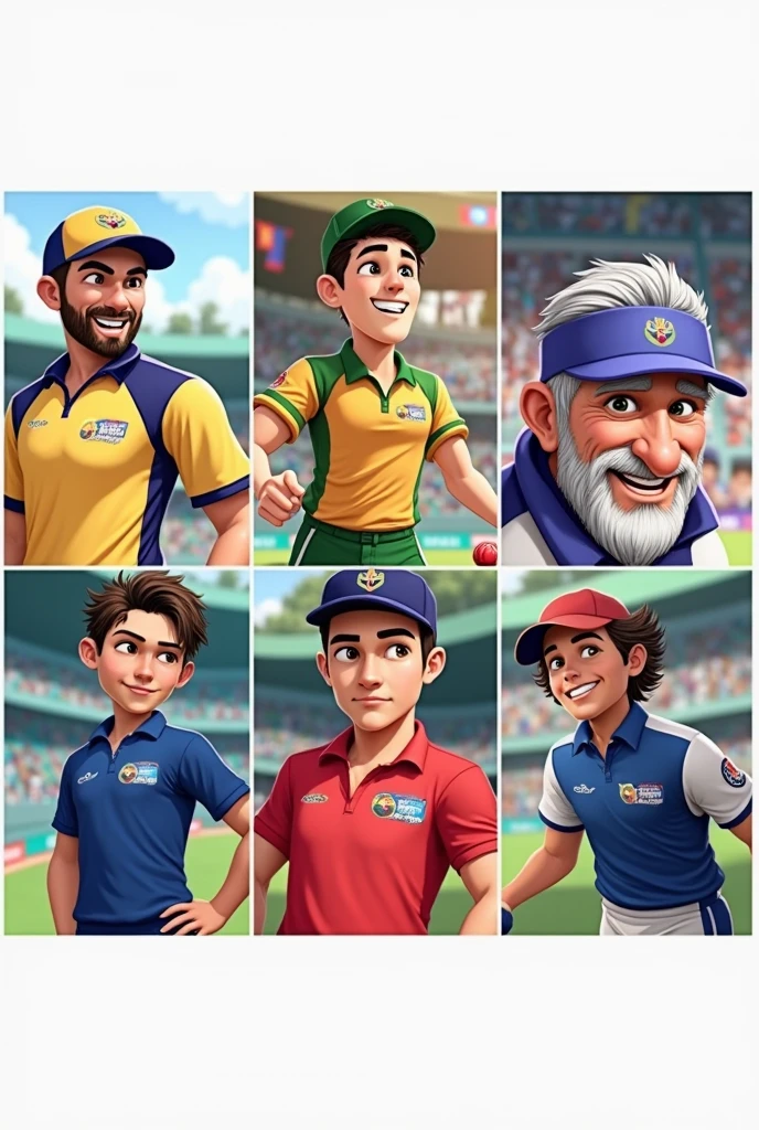 Make cricket tournament poster. young boys vs old boys. In this image uper 3 people in old boys team and down 3 people is young boys team. Please make animated poster using this faces. Could make perfect same face