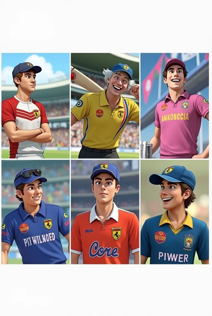Make cricket tournament poster. young boys vs old boys. In this image uper 3 people in old boys team and down 3 people is young boys team. Please make animated poster using this faces. Could make perfect same face