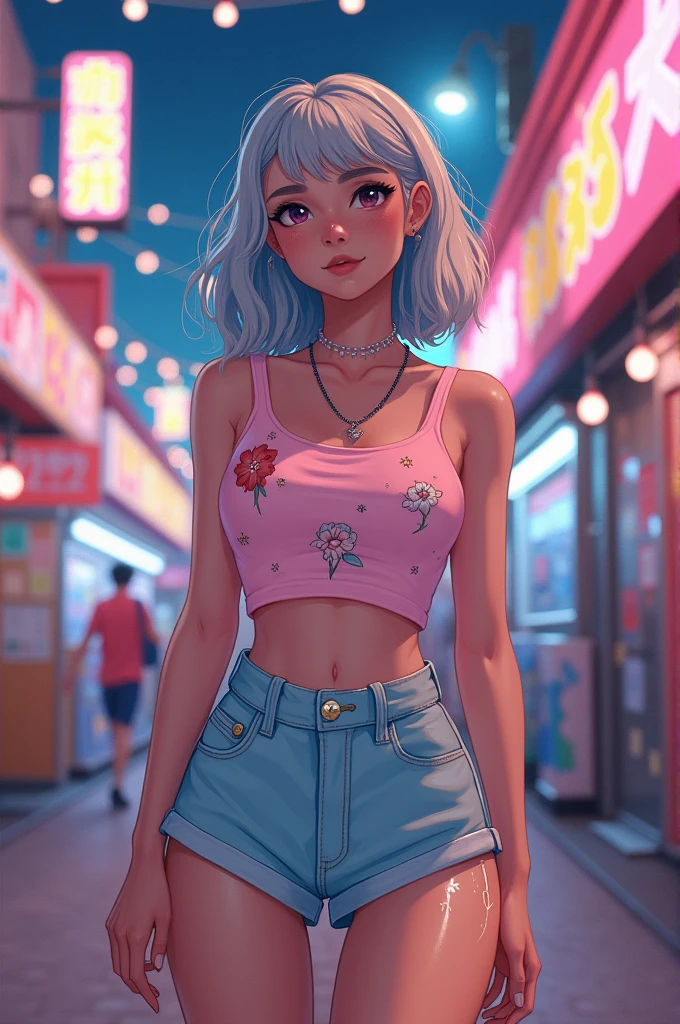 realistic, 1girl, white hair, purple eyes, glowing eyes, crop top, skirt, parted lips, blush, night, flowers, sun, sunlight,