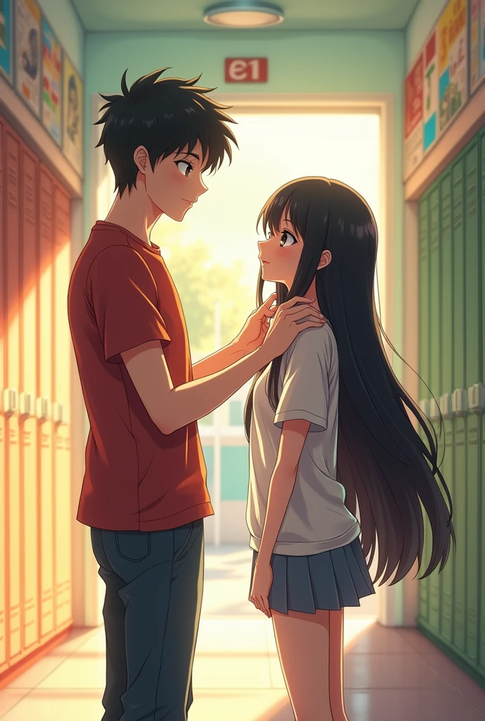 anime style,high school couple , a boy touch the girl hair , boy is a badminton player height:180 white skin thin muscle and tall ,the girl has black long curve hair introvert and shine and very cute