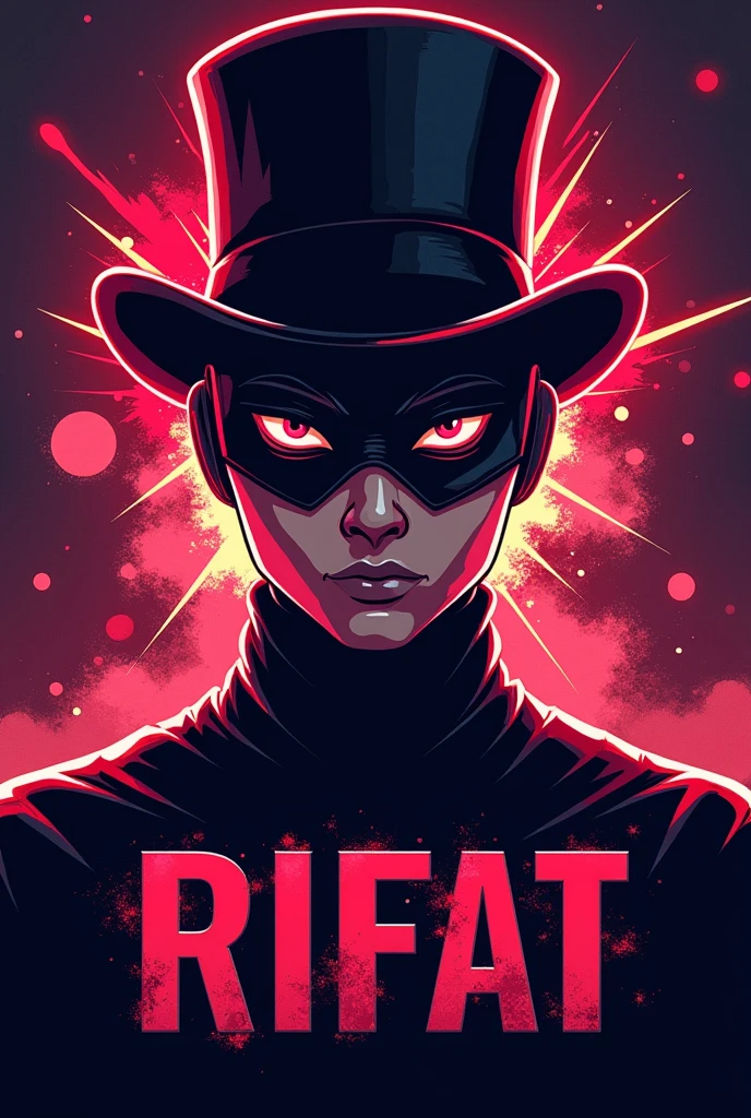 Make a free fire gaming logo with head: dark ruby (head), mask: curious hatter (mask) body: black turtleneck, pant: pure angel(M), shoe: hidden blast (shoes) and gaming logo name is Rifat