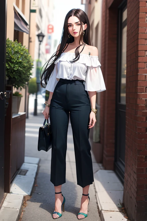 1 sexy MILF, dark blue high waisted skiny trouser pants, white strappy heels, off the shoulder top, long hair brunette, green eyes, standing up.