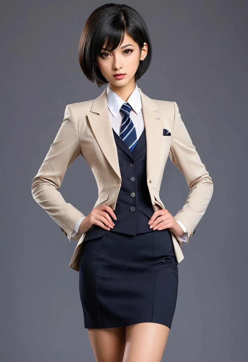 score_9, score_8_up, score_7_up, score_6_up
RE4Ada, 1girl, black hair, short hair, brown eyes, looking at viewer, simple background, skirt suit, three-piece suit, necktie, blazer, waistcoat, double-breasted waistcoat, bodycon pencil skirt, stockings, high heels,