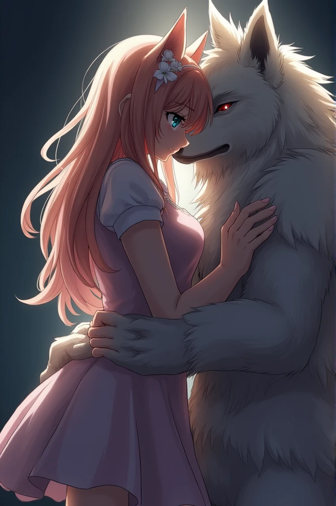 cover page, highres, top quality, best quality, paid reward available, unparalleled masterpiece, perfect artwork, absurdres, High-quality illustrations, watercolor, soft color, love story of human girl and giant Werewolf, love romance, pair, Height difference, Physical difference, perfect anatomy, smile, joyful, play with, smile, happy,