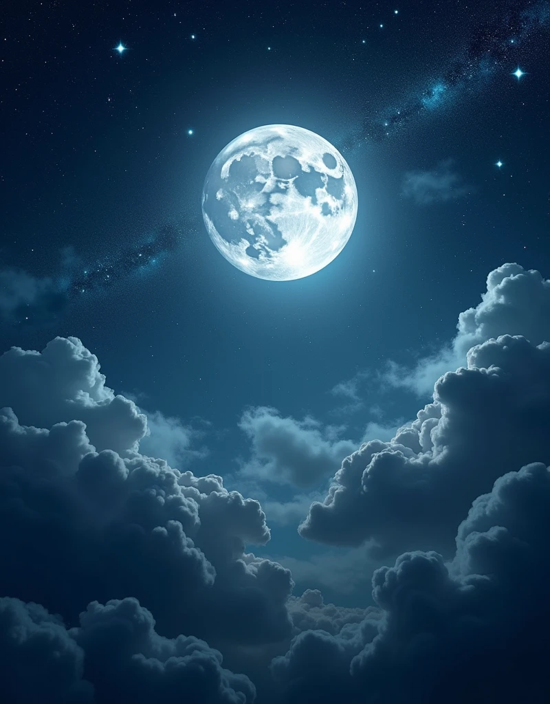 Sure! Here’s a detailed prompt for generating an AI image of a beautiful night sky with the moon and stars:
"Create an image of a serene night sky featuring a large, glowing full moon casting a soft, silvery light across a tranquil landscape. The sky is deep and dark, filled with countless twinkling stars of various sizes. Some stars form constellations, while others are scattered across the sky. A few thin clouds gently drift by, partially illuminated by the moonlight. The scene should evoke a sense of calm and wonder, with the beauty of the night sky being the central focus."