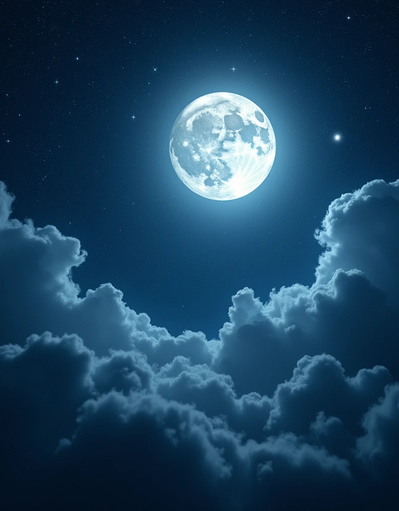 Sure! Here’s a detailed prompt for generating an AI image of a beautiful night sky with the moon and stars:
"Create an image of a serene night sky featuring a large, glowing full moon casting a soft, silvery light across a tranquil landscape. The sky is deep and dark, filled with countless twinkling stars of various sizes. Some stars form constellations, while others are scattered across the sky. A few thin clouds gently drift by, partially illuminated by the moonlight. The scene should evoke a sense of calm and wonder, with the beauty of the night sky being the central focus."