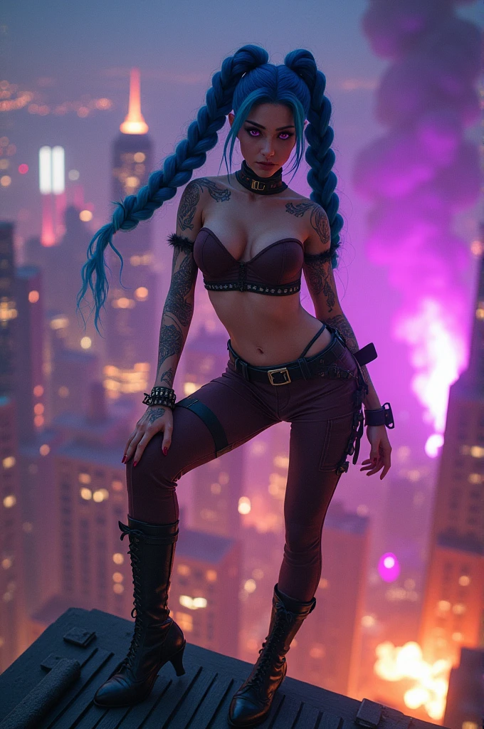 Panoramic view, Roof of the building, city below, Fantasy City, The camera looks at Jinx from above., Like in a computer game, Jinx's character design, Dynamic movements, Standing Half-Sideways, stands on the edge of the roof, Fantasy City, City of Piltover, night, explosions, fire, smoke, Sparks, Purple Flashes, sexy pose, beautiful figure, Arcane Curse, Bright blue and purple Sparks all around, Brilliant eyes, Pink Brilliant eyes, длинные hair, hair, braided in long braids, Pigtails hang below the knee, Hair color changes from bright blue to navy blue., Dressed in brown breeches, leather boots on the feet, Top with four gold circles on the chest in the middle of the chest., Blue cloud tattoo on shoulders and waist., long bangs, hanging on the right side, Belt with cartridges on belt, Secret style, чрезвычайно подробные обои CG Unity 8k, detailed light, Cinematic lighting, Chromatic aberration, sparkling, inexpressive, epic composition, dark in the background, Chereter Design, Very detailed, detailed body, Vibrating, detailed face, sharp focus, anime art, Vibrating, detailed face, Hugh Details, sharp focus, Very downcast face, Detailed eye, Super lovely illustration, best shadow, finely detail, beautiful detailed glow, beautiful detailed, extremely detailed, inexpressive, epic composition, naked