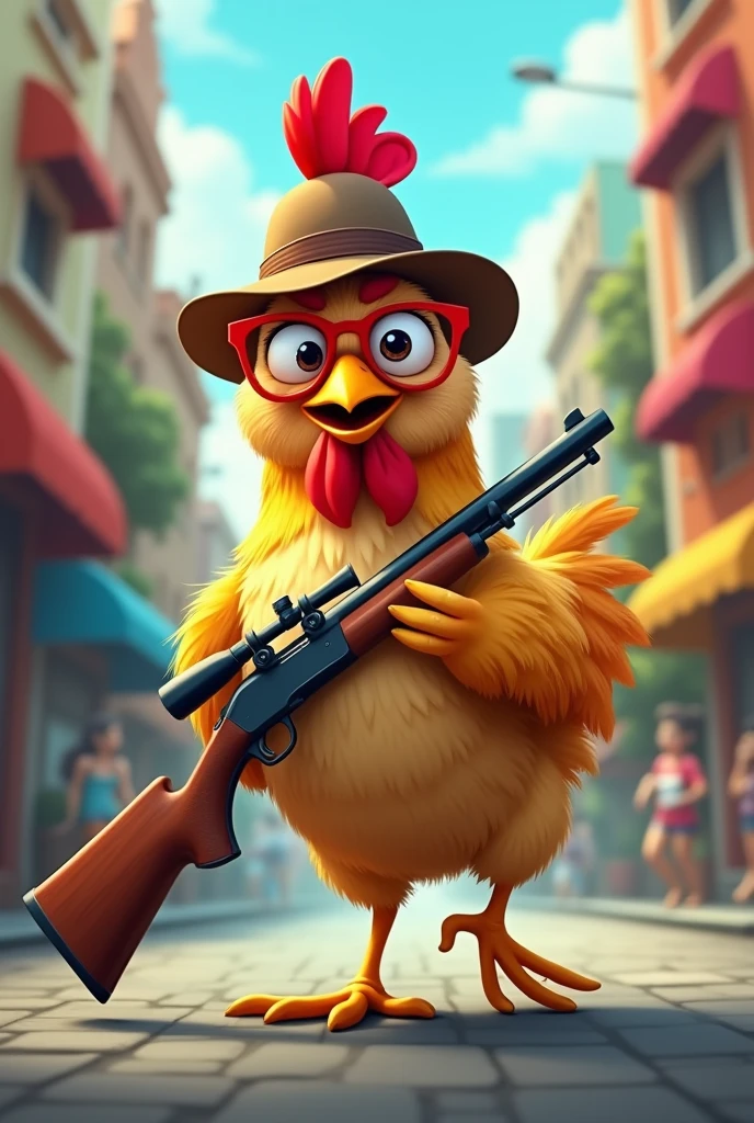 A chicken with a shotgun wearing red glasses and a detective hat 