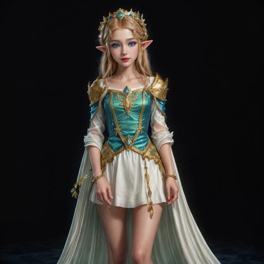 Princes Zelda, blue eyes, (best qualityer, ultra detail), (realisitic:1.37), beautiful and detailed face, ultra-realisitic texture, Exquisite face, Delicate body, red lipgloss stick, shiny colors. High definition, 8k,