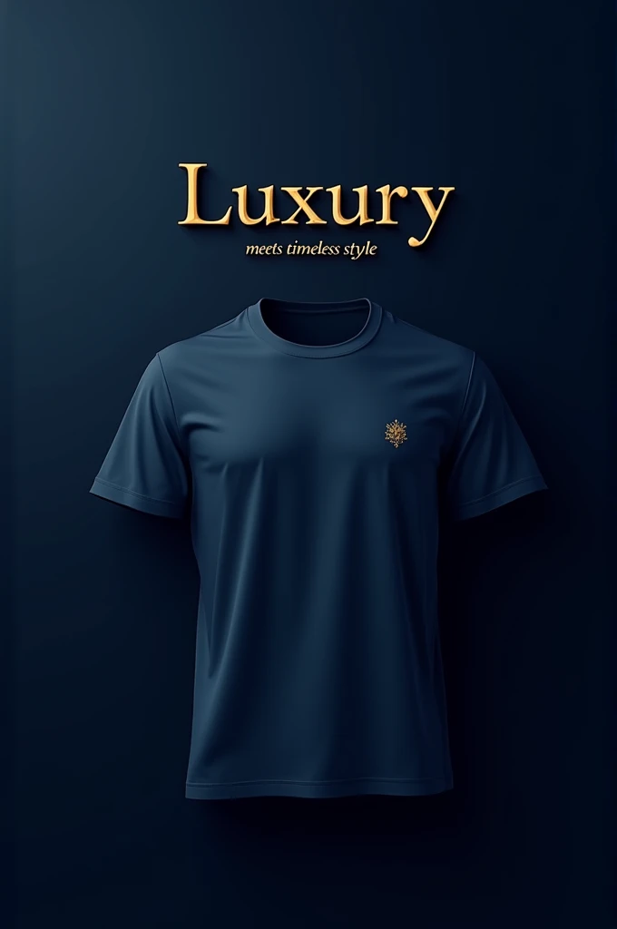 An elegant and minimalist WhatsApp status image for Vogue de Ciél, a luxurious t-shirt brand. The image features a deep navy blue background with a subtle gradient, symbolizing sophistication and the night sky. In the center, there’s a high-quality, close-up illustration of a navy blue t-shirt, showcasing its luxurious fabric texture. The t-shirt has a small, delicate Vogue de Ciél logo on the left chest area, subtly hinting at the brand's celestial theme. Above the t-shirt, the text 'Luxury meets timeless style' is elegantly written in a refined, light gold font, emphasizing the brand's commitment to quality and elegance. The overall design is clean, refined, and captures the essence of luxury, making it perfect for a stylish introduction on WhatsApp