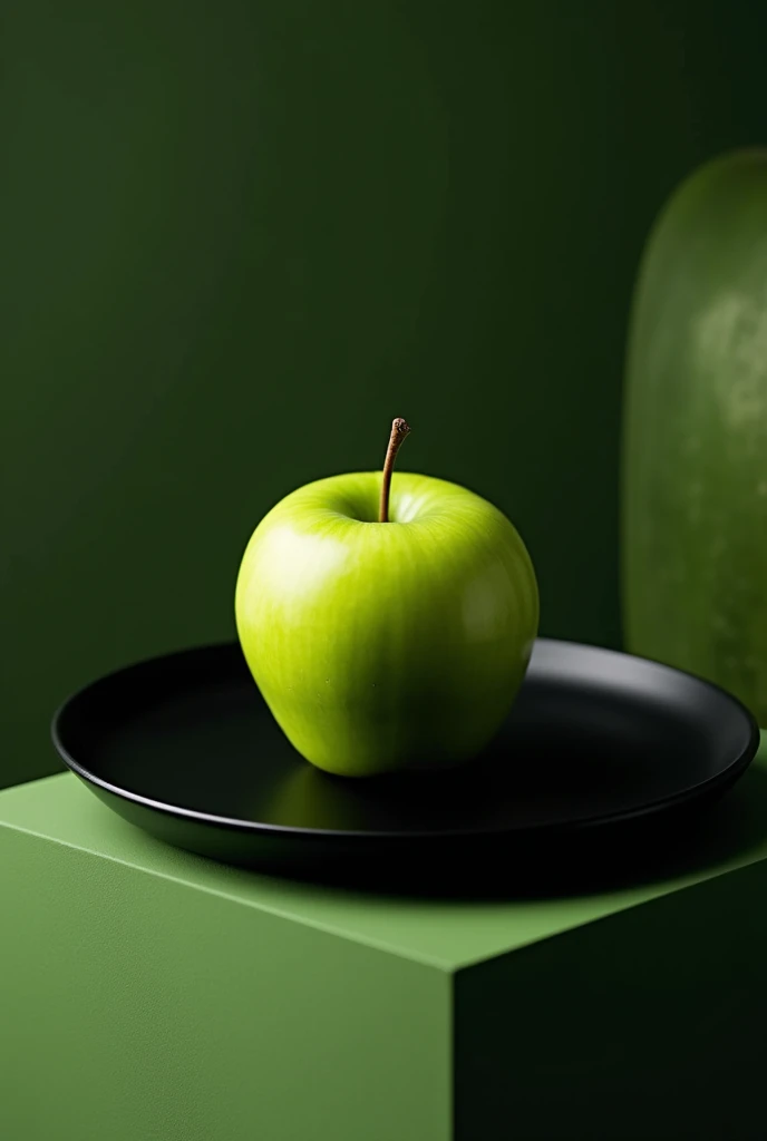 a picture of apple in black and green color where in the green apple is in the black plate and under that is a big green apple again in a bird's eye view