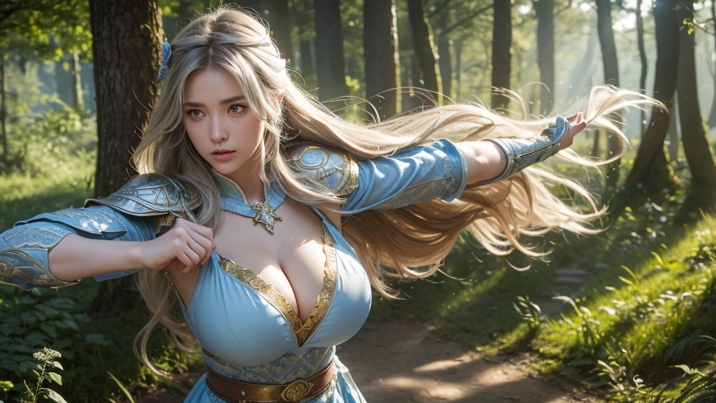 (8k, Highest quality:1.2)、masterpiece, Beautiful Knight, (Attractive Russian Model)、(((Big Breasts)))、(((Fairy)))、(((Fairyの戦士)))、(((Warrior with a bow)))、 ((Golden bow)), archery,Aim with a longbow,((Light blue clothes))、((Perfect Face))、((Plate armor with attention to detail)), (Strong muscular body),(Powerful arms)、 (Light silver hair),(((Big Breasts)))、((Large Breasts))、Cleavage、 Braiding、Disheveled Hair、feet, (High fantasy battlefield environment), High resolution, (Skin Texture:1.1), Highest quality, 超High resolution, (Realistic: 1.4), RAW Photos, Nikon D850 film stock photos, 1 1 1.6 Lenses, Rich colors, Bokeh, Sharp focus, Realistic, Cinestill 800, Backlight, Rim Light, Strong sunlight, Realistic, Realistic Shadow, 3d, (Forest Background:1.2),Hair blowing in the wind、whole body、 (Ancient fantasy soldiers),(Ancient soldier armor),Combat Accessories,breastplate、((ミニスカートとガータbelt))、Voluminous lips、((Perfect Face))、Big eyes、Delicate eyes、Armor that fits snugly to the body、((Looking into the camera))、belt、Armor with intricate patterns、Excellent半身、Excellent、knight armor、White Armor、Delicate hands、Knee-high boots、