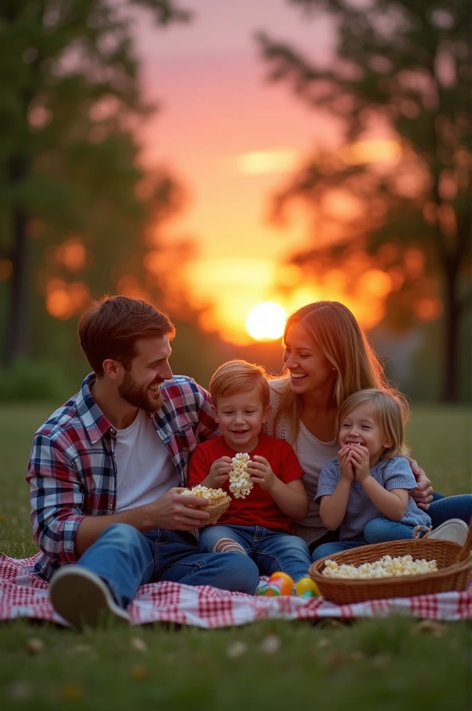 Family relaxing watching a sunset in a sunday
