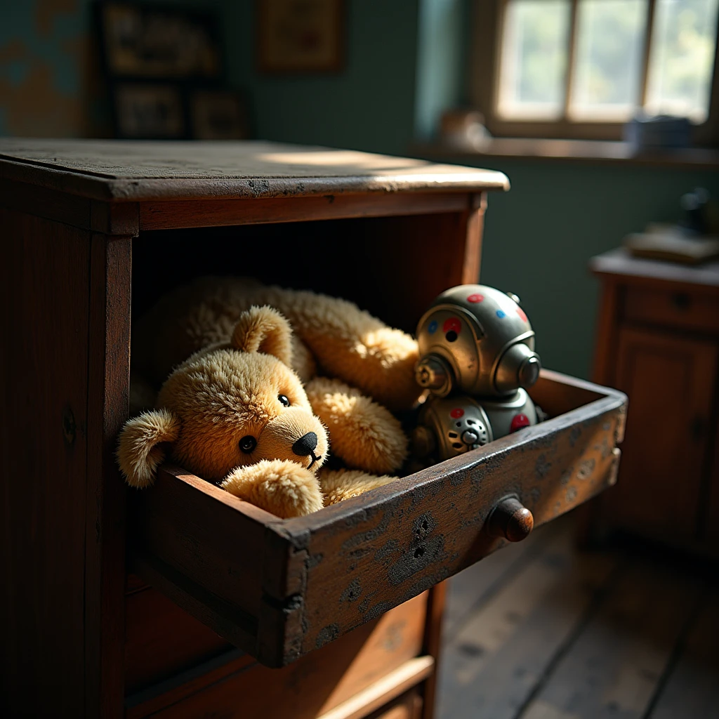 half open vintage drawer with broken teddy bear and a robot toy