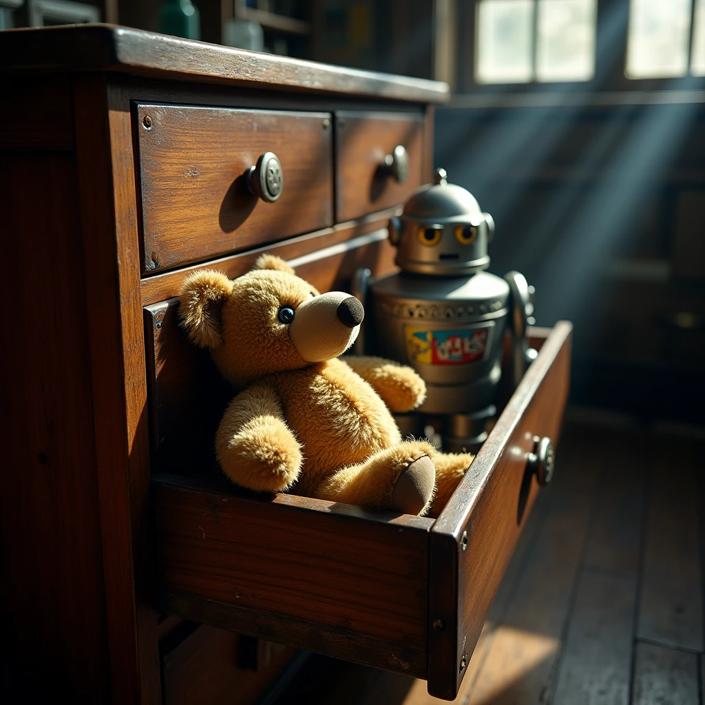 half open vintage drawer with broken teddy bear and a robot toy