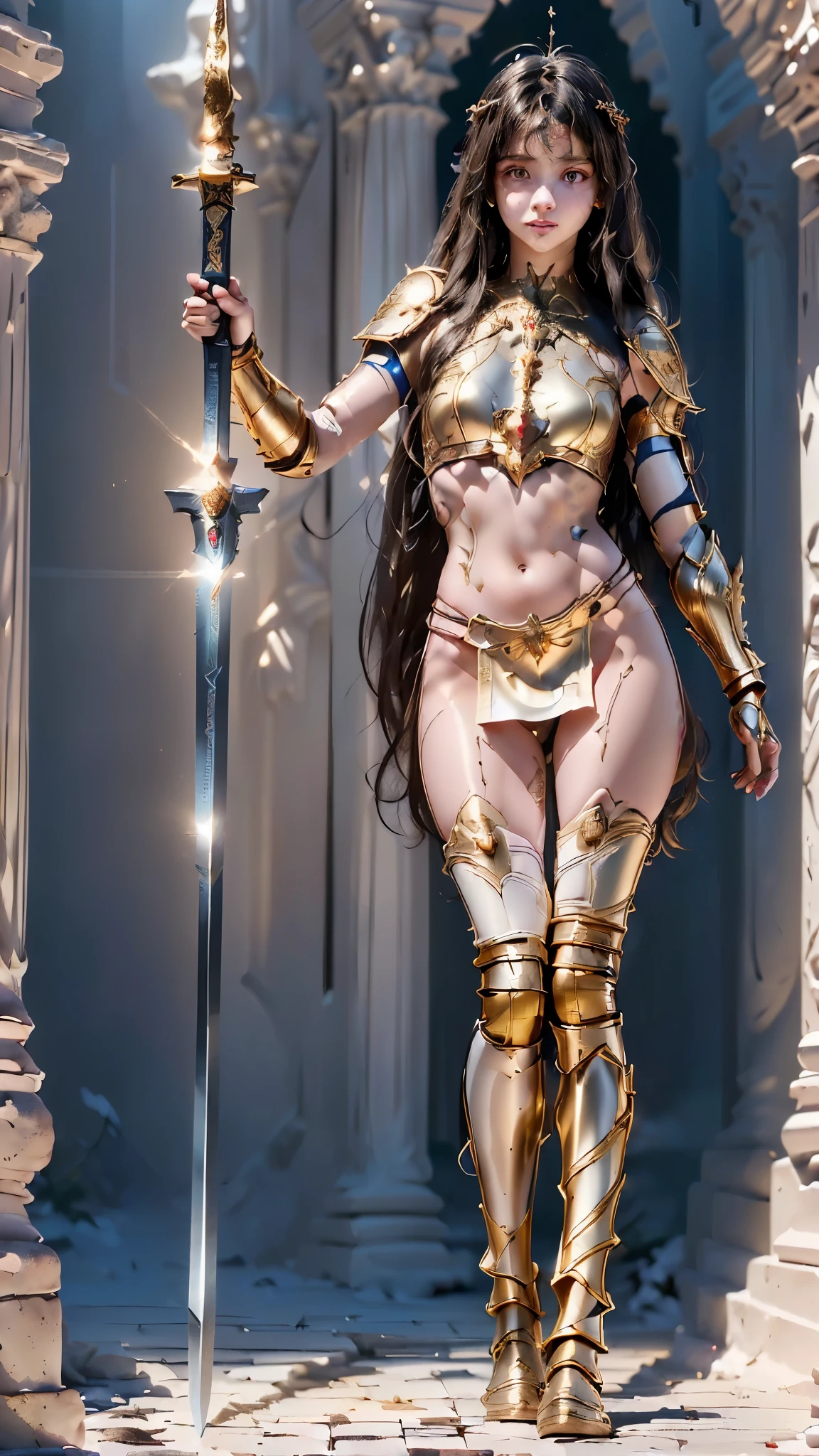 arafed girl in a costume with a sword and armor, ornate cosplay, dressed in light armor, glossy white armor, intricate white and gold armor, extremely detailed goddess shot, heavy white and golden armor, cinematic goddess body shot, stunning armor, beautiful armor, goddess. extremely high detail, ornate white and gold armour, clothed in ethereal armor, detailed white armor, 
([long hair hair]:1.8), (full body:1.8), (upper body up:0.3), (hyper realistic:1.4), (realistic:1.3), (best quality real texture skin), Detailed eyes, detailed face, PERSEPHONE, (SFW:1.5) Hyperrealistic, LESS saggy breasts, (SMALL BREASTS:1.5), (HUGE LEGS:1.5), (LESS THIGHS:1.5), pernas perfeitas, pernas perfeitas, pernas lisas, pernas lisas e perfeitas, pernas torneadas, coxas torneadas, pernas lisas, coxas lisas. (pose erótica:1.5), (sobrancelhas espessas:1.2), (Grandes olhos roxos:1.2), (olhos ultra detalhados:1.4), (Olhos de alta resolução:1.1), (textura de pele ultra detalhada:1.4), (Belo corpo tonificado:1.1), arco de cabelo, (Pele úmida:1.1), (rosto sensual:1.5), (tan, muscular, , child, toddlers, girl, teen, sd character:1.5), (SD CHARACTER:1.5), (SD, CHARACTER:3.0), LITTLE PERSON, SMALL PERSON, MIDGET