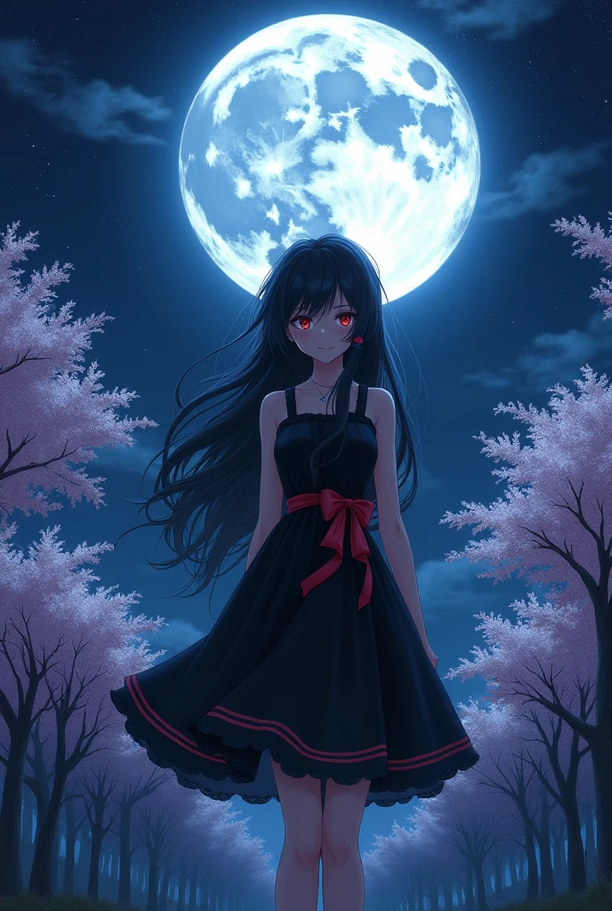 masterpiece, best quality, detailed, 1girl, solo, night sky, outdoors, full moon, stars, clouds, night,, dark sakura, (black dress), long hair, evil smile, red ribbon, striped, thighs