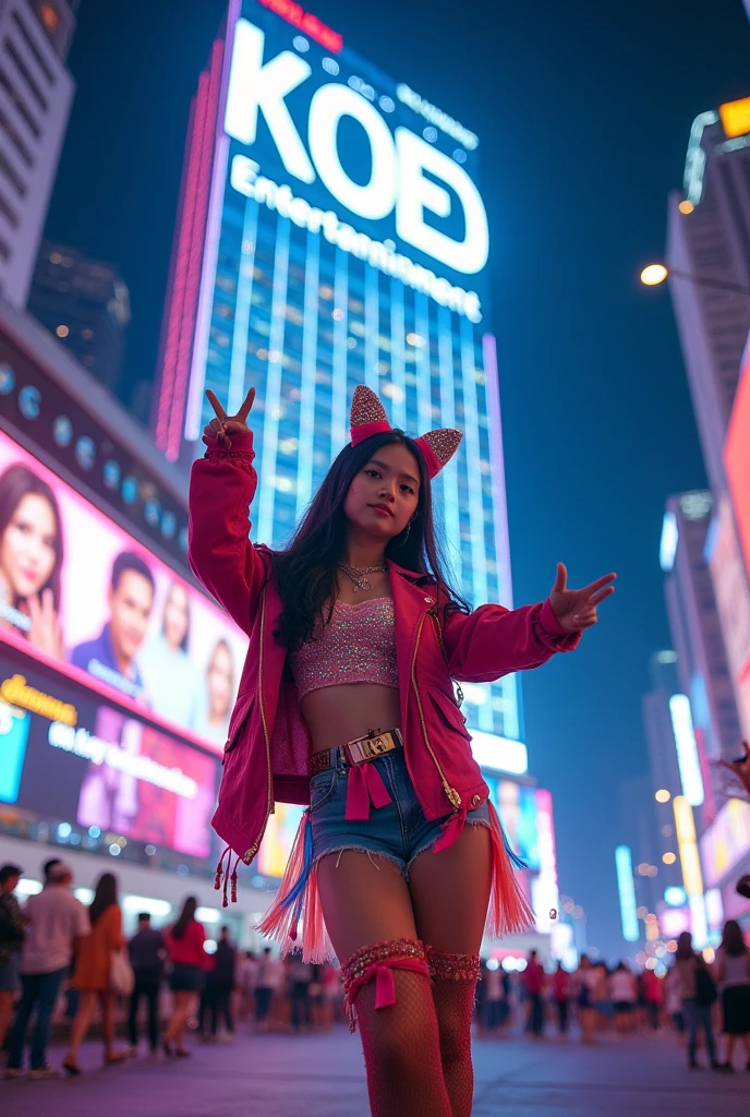 Create me a girl kpop giant building that says KOED Entertainment