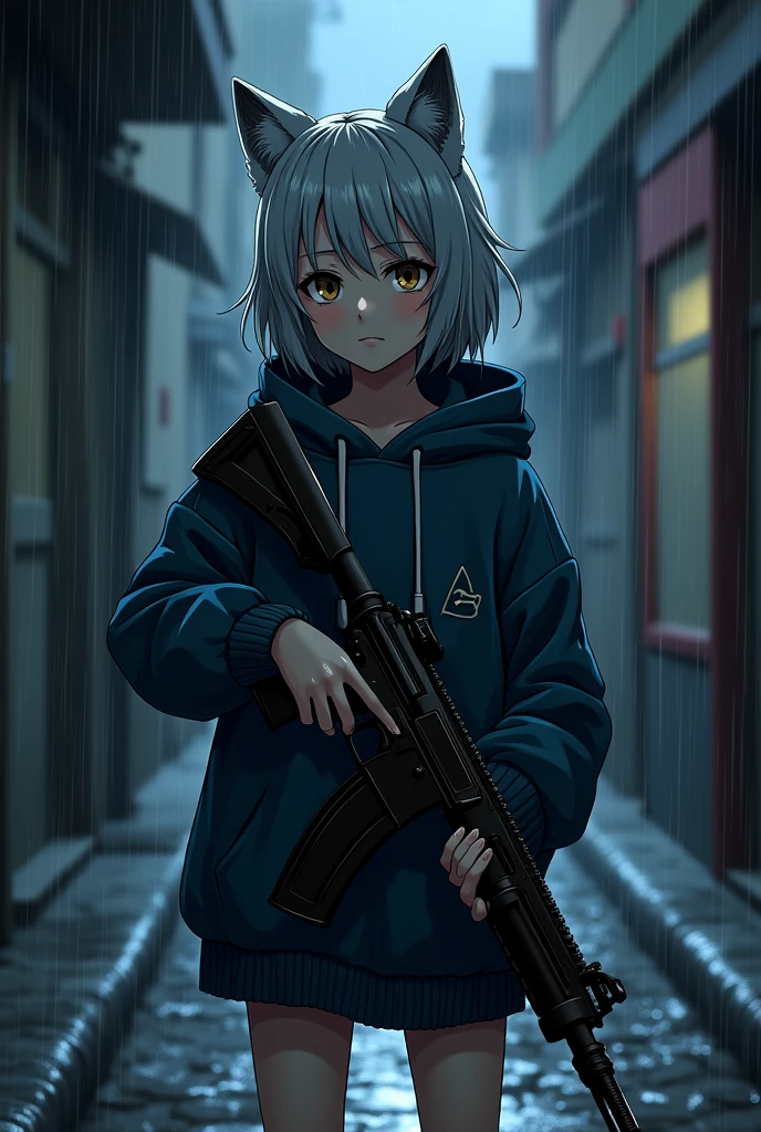 The background is night、rain、Back alley、In anime style、Wolf hoodie、Shorts、Silver short hair、Assault rifle in hand