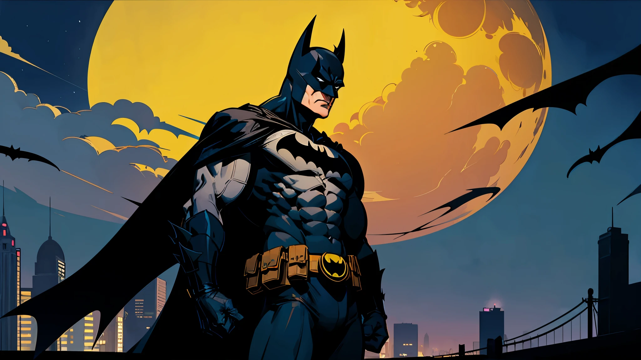 batman,black cape,mask,white eyes,no pupils ,superhero,bat ears,pouch,spandex, black bodysuit ,abs,muscular male,utility belt, moon in the background, standing on roof, full moon, gothic city background