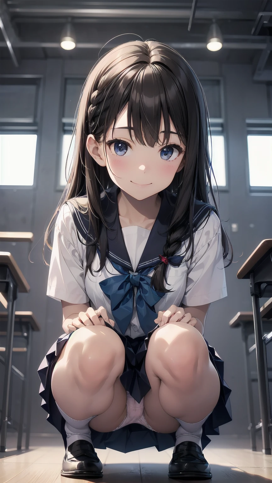(msfw:1.4), (Realistic, photo Realistic:1.2), ((Highest quality)), Shift the center of gravity backwards, Quite embarrassing, White panties, (Showing panties:1.4),Tight Skirt, (Panty shot:1.3), (Roll up your skirt:1.3), (Squat:1.4), (Spreading pussy:1.2), Place your heels on the ground, Please spread your legs a little, Squat with your knees up, Attach your butt to the ground, Black Penny Loafers, Beautiful facial details, Real human skin, Gentle expression, Front view, angle From below, Realistic, photoRealistic, cute, Short skirt, Squat deep on school grounds, cute school girl, Semi-long hair, Lustrous brown hair, Braided hair, Japanese school girl uniform, Sailor suit, whole body, smile, 自然なsmile, cutesmile, 魅惑的なsmile, (Looking at the audience:1.2), from before, From below,
