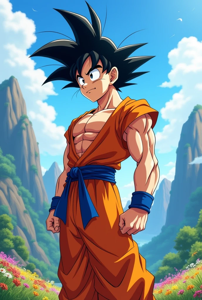 Son Goku semi-naked with a large bulge without pants