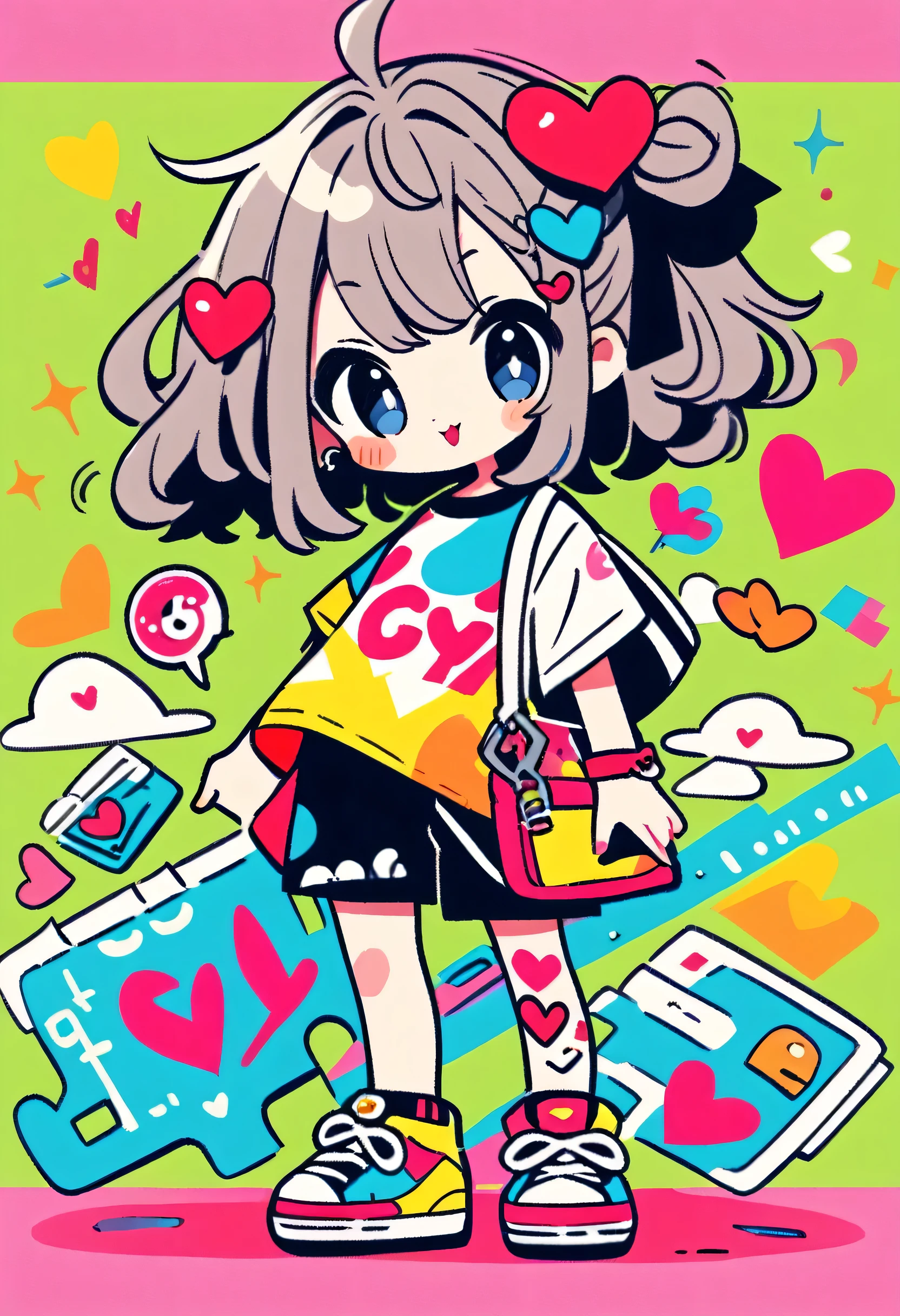 Ultra-realism Micho colorful style, Simple Line Initialism,Abstract art,(((The most beautiful girl of all time))), chibi, Sweet face. Lips in love, colorful hearts, stylish design, Harajuku fashion in summer, Dark Eyes, Walking, Japan