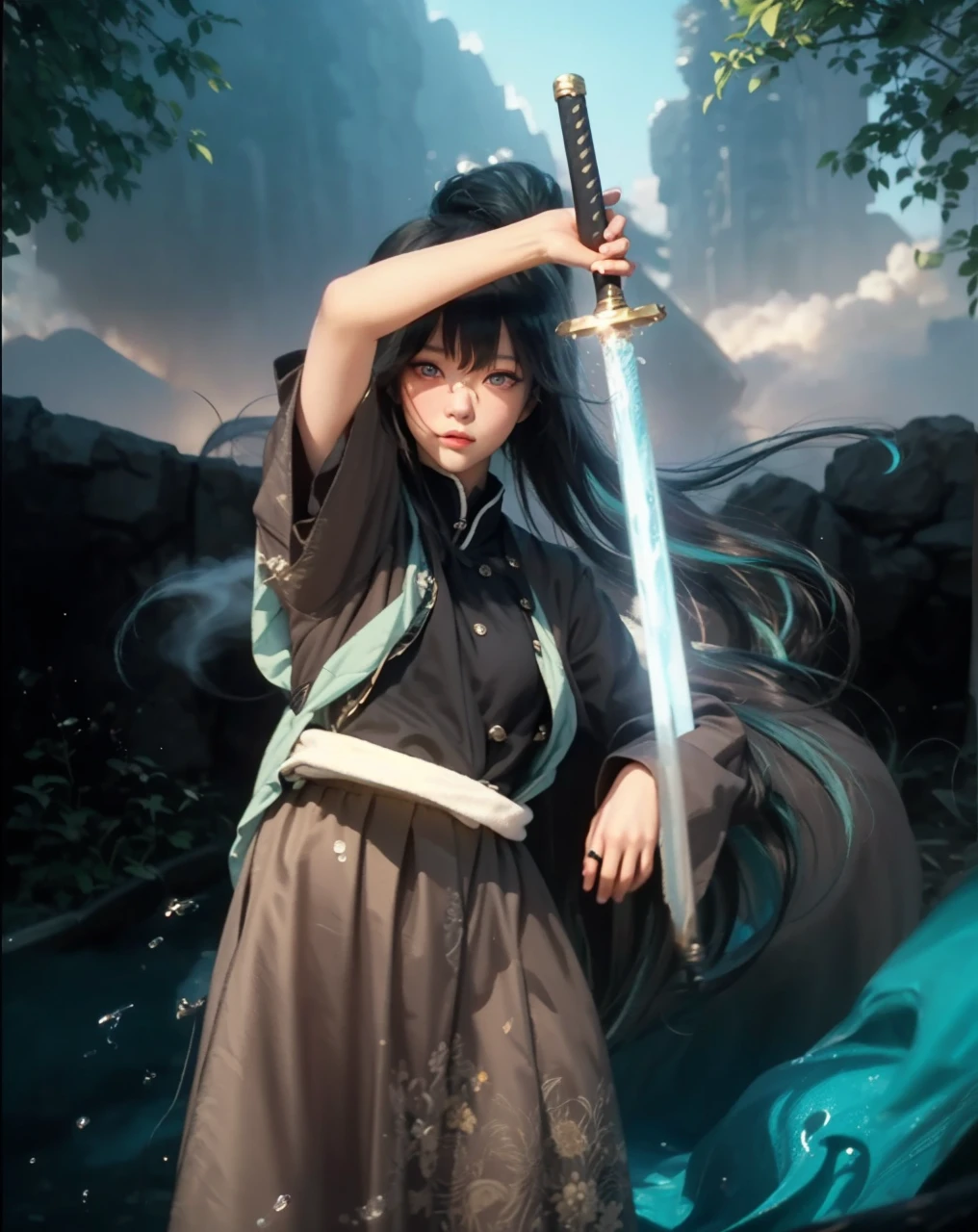 (TOKITO MUICHIRO_KIMETSU NO YAIBA),((realistic, photorealistic)),(highlight hair)), Light reflection, (( HD )),((upper body)), (((best quality, masterpiece))), (masterpiece) (best quality) (detail) (8k) (HDR) (wallpaper) (cinematic lighting) (sharp focuasterpiece, best quality: 1.1), Real life adaption of this character, Asian teen beauty face, Shining Purple eyes, realistic outfit, realistic shadow, realistic light, realism, hyper realistic, realistic background,(photorealistic:1.2), masterpiece, best quality, 1boy, muichiro,long hair, black hair, aqua hair, bangs,  multicolored hair, sidelocks, long sleeves, aqua eyes, demon slayer uniform, (sketch), closeup, simple background detailed eyes, Perfect features, (masterpeace, best quality, good quality:1.4), masterpeace, intricate details,masterpiece, best quality, high quality, 1boy, solo, male focus, looking at viewer, upper body, tokitou_muichirou, long hair, bangs, black hair, aqua eyes, demon slayer uniform, two-tone hair,Glowing sword, smoke element, smoke atmosphere background