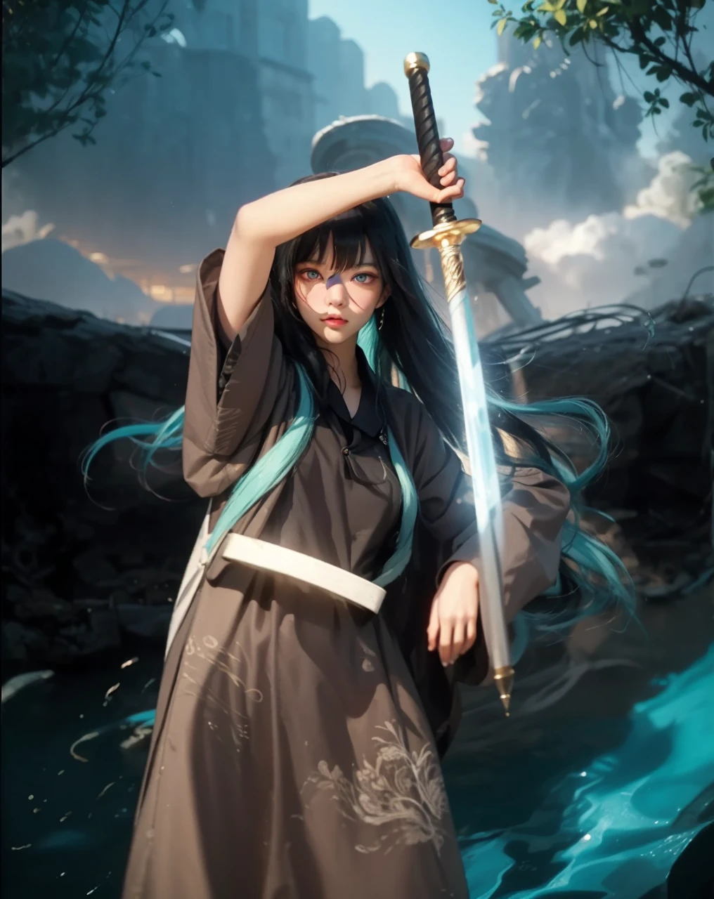 (TOKITO MUICHIRO_KIMETSU NO YAIBA),((realistic, photorealistic)),(highlight hair)), Light reflection, (( HD )),((upper body)), (((best quality, masterpiece))), (masterpiece) (best quality) (detail) (8k) (HDR) (wallpaper) (cinematic lighting) (sharp focuasterpiece, best quality: 1.1), Real life adaption of this character, Asian teen beauty face, Shining Purple eyes, realistic outfit, realistic shadow, realistic light, realism, hyper realistic, realistic background,(photorealistic:1.2), masterpiece, best quality, 1boy, muichiro,long hair, black hair, aqua hair, bangs, multicolored hair, sidelocks, long sleeves, aqua eyes, demon slayer uniform, (sketch), closeup, simple background detailed eyes, Perfect features, (masterpeace, best quality, good quality:1.4), masterpeace, intricate details,masterpiece, best quality, high quality, 1boy, solo, male focus, looking at viewer, upper body, tokitou_muichirou, long hair, bangs, black hair, aqua eyes, demon slayer uniform, two-tone hair,Glowing sword, smoke element, smoke atmosphere background