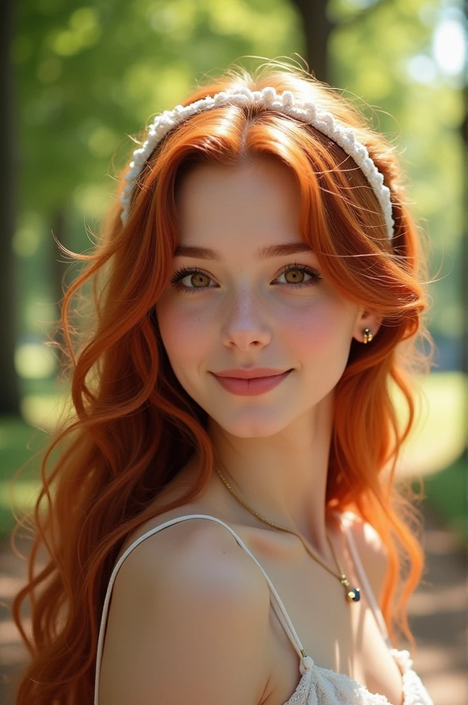 Long messy red hair with white headband. V shaped face and thin nose a mole below the nose, heart shaped lip and cute smile. beautiful brown eyes. Small earrings.