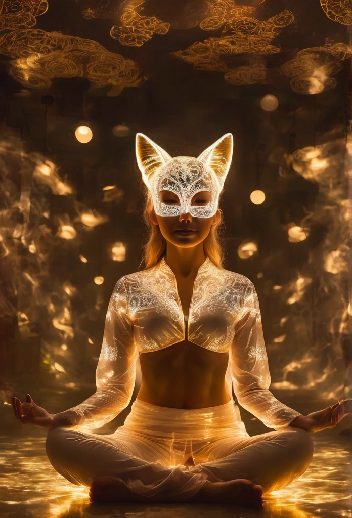 Lotus pose girl full body photography,Anatomically correct,Raw, Filming, (Be focused:1.5), (Reality:1.4), Dusk lighting, Volumetric Lighting, Ultra-high resolution, 16K,Dramatic Lighting, White background:1.5)(tangled,Mandala,dispute,Entanglement:0.7)Fox Demon,Fox Mask,short jacket, Foxfire Curse, fox family, Transformation, Depth of Field, Dreamy atmosphere, The most beautiful chaos, grace, Brutalist Design Dark Theme, Flower of Death, Flowers of ecstasy,Glowing Line,Glow Example,Tracking Example,flash, Backlight,translucent,Light Particles,XILL,exit