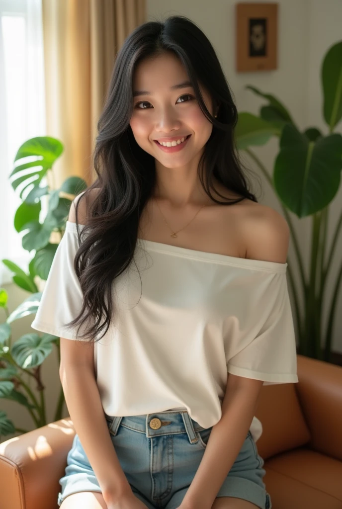 A beautiful asian women, long straight black hair, big breast,  big breasts , big tits ,  busty, big chest,double eyelids,  beautiful face,  hd, realistic detailed, wearing a sexy off shoulder big loose t-shirt, shorts,selfie, inside her big apartment home, selfie with her best friends,  girlfriends, friends,  Selfie with best friends 