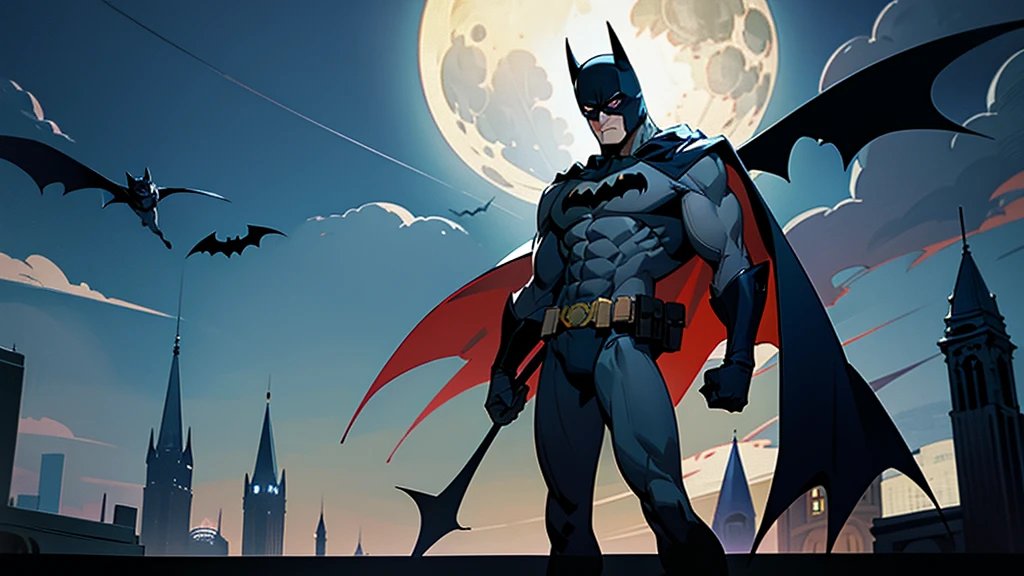 batman,blue cape,mask,white eyes,no pupils ,superhero,bat ears,pouch,spandex, grey bodysuit ,abs,muscular male, utility belt, moon in the background, standing on roof, full moon, gothic city background, black bat symbol on chest,
