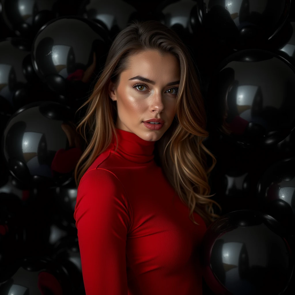 professional photograph of a 35 year old model, masterpiece, best quality, highly detailed background, beautiful evil slavic muscular woman, pale skin,long very light brown hair, perfect lightingbest quality,fashion portrait photo of beautiful woman from the 60s wearing a red turtleneck standing in the middle of a ton of black balloons, taken on a hasselblad medium format camera, dynamic, dramatic, sensual, dynamic pose, highly detailed skin with hair, subcutaneous veins,skin fluff,fine wrinkles,high contrast,best Ray tracing, light and shadow play, highly detailed,24mm photograph, film, bokeh, professional, 4k,
