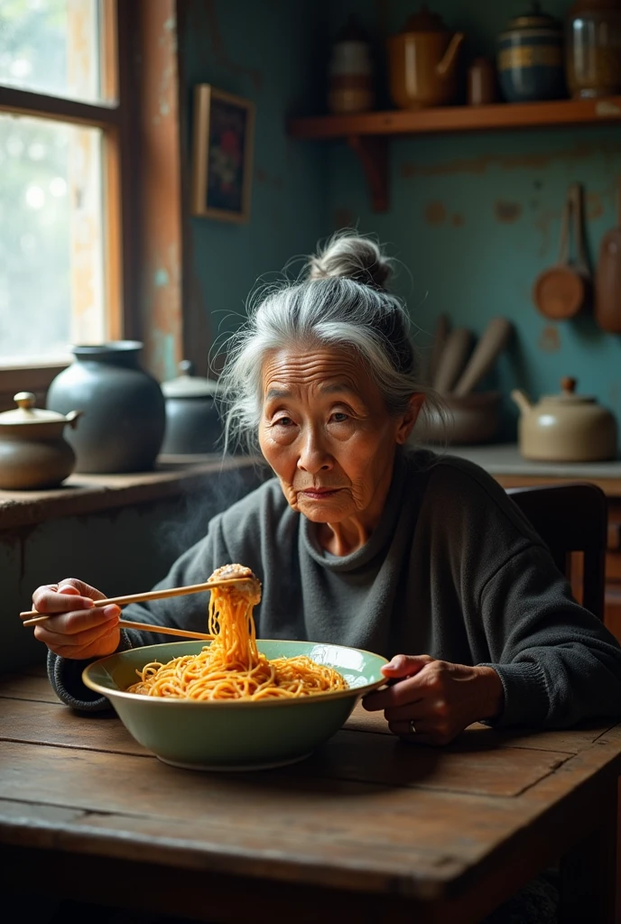 Draw an old woman eating instant noodles and there's only one piece of meat in the bowl.