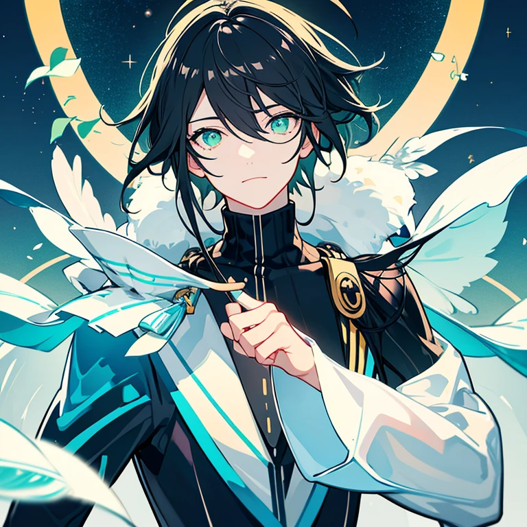 VTuber illustrations、High resolution、create、whole body,Black Hair,Neutral Facial Features,cute,Clever boy,Bangs between the eyes, Stars in the sky, Green Eyes, Gradient color eyes, Gradient Eye, Long eyelashes, Sparkling eyes, Ahoge, Cinematic Lighting Effects, Bright Eyes, Sparkling eyes, Glowing Eyes, Black clothes,universe,Shortcuts, turtleneck,Straight Hair