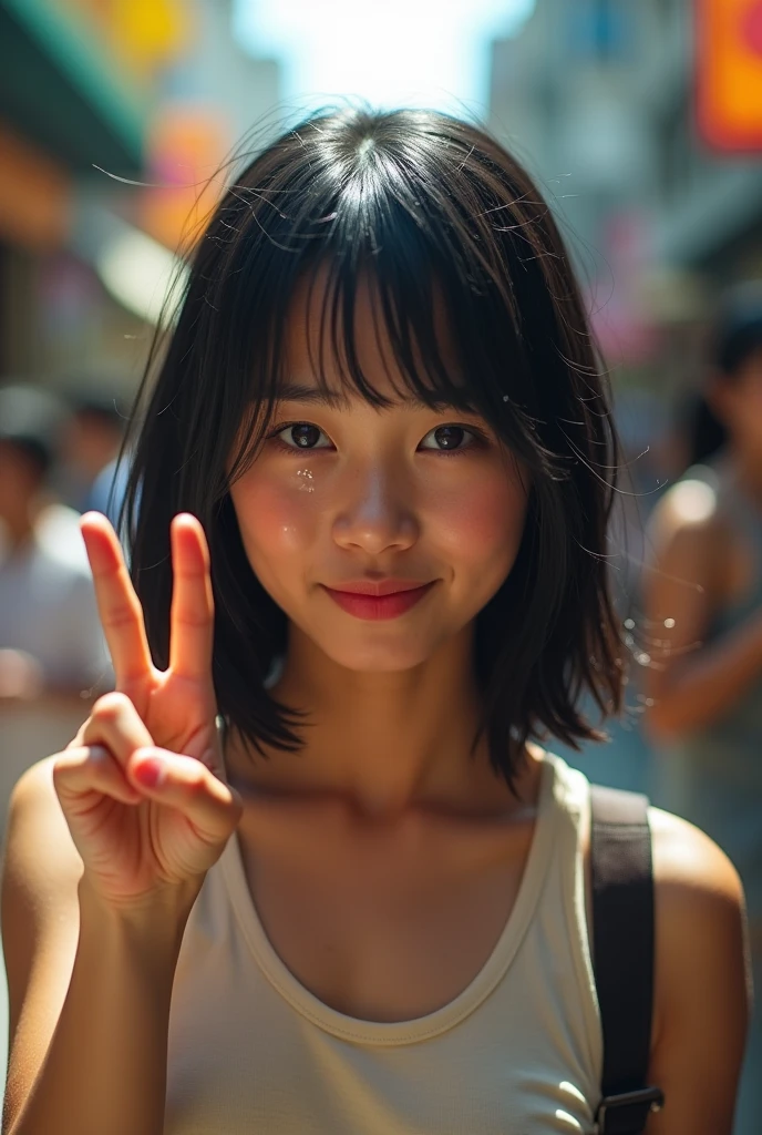(highest quality,photorealistic:1.5),background blur,at crowded City alley,,(perfect beautiful face:1.2),(perfect and beautiful posture:1.2),(独奏, young asian girl ),(confused:1.3,embarrassed), shyness:1.1), black hair,(Sweaty, sunburned skin),((crying:1.3)),((fake smile:1.3,constricted pupils:1.3,tears)),(double Peace sign:1.5),((A boyish beautiful girl who is embarrassed and cries after being forced to wear sexy underwear)),(((flat chest:1.5)))