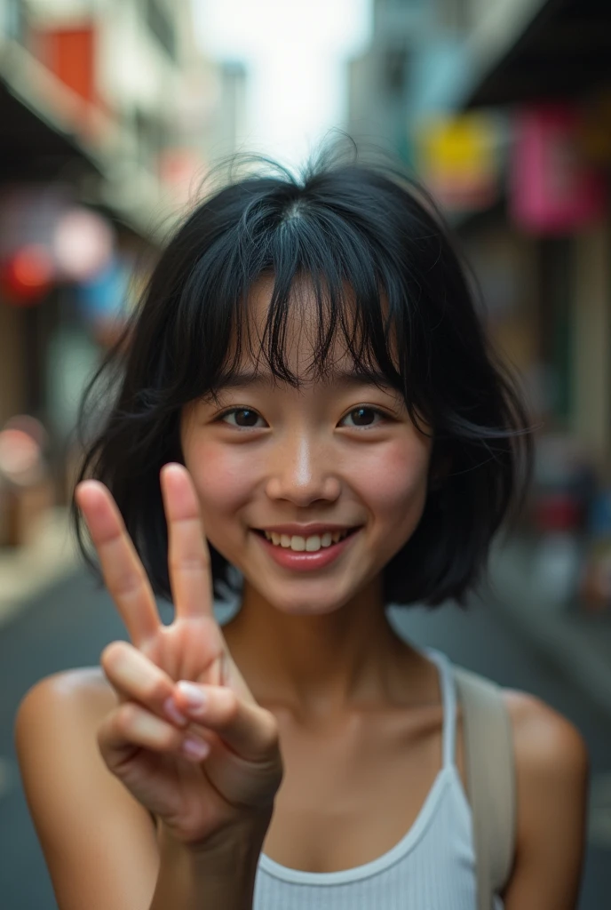 (highest quality,photorealistic:1.5),background blur,at crowded City alley,,(perfect beautiful face:1.2),(perfect and beautiful posture:1.2),(独奏, young asian girl ),(confused:1.3,embarrassed), shyness:1.1), black hair,(Sweaty, sunburned skin),((crying:1.3)),((fake smile:1.3,constricted pupils:1.3,tears)),(double Peace sign:1.5),((A boyish beautiful girl who is embarrassed and cries after being forced to wear sexy underwear)),(((flat chest:1.5)))