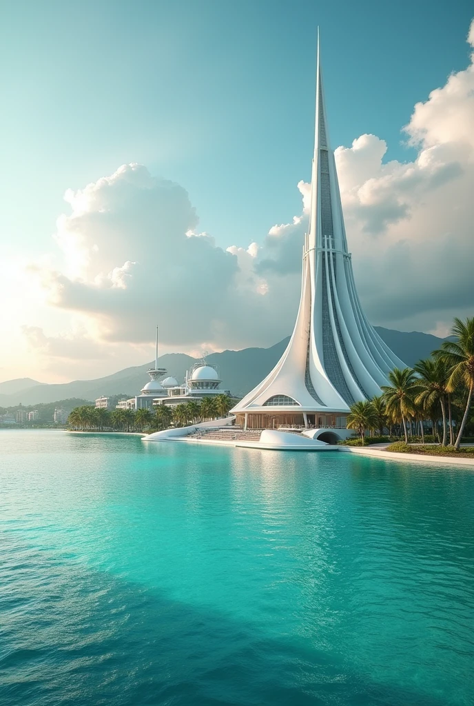 Building by the edge of a turquoise lagoon, make that white building taller ok now put a church on the opposite side of the lake ok now put a space observatory near the lake, see the space observatory in the image too
